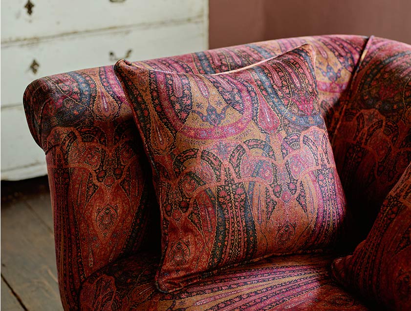 Exbury 3 Seater Sofa in Threads of India Opulent Velvets Paisley Splendour Rouge fabric detail